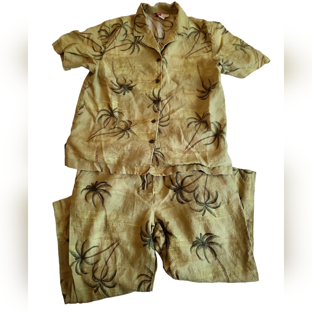 JM Collection 2 Piece Linen Button Down Top and Cropped Pants Set Green